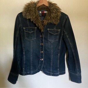 Live A Little Vintage Fur Collar Blue Jean Jacket Size M